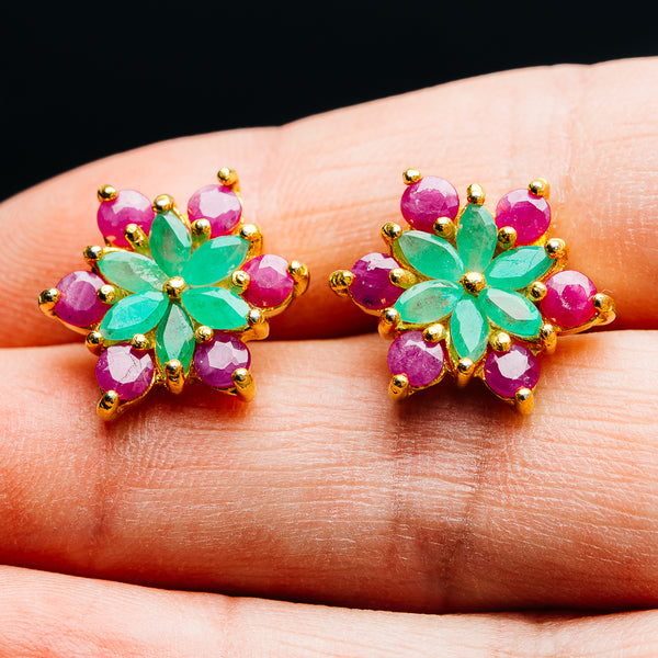 Emerald, Ruby Floral Cluster Earrings 5/8" (.925 Sterling Silver) 24k Gold Plated
