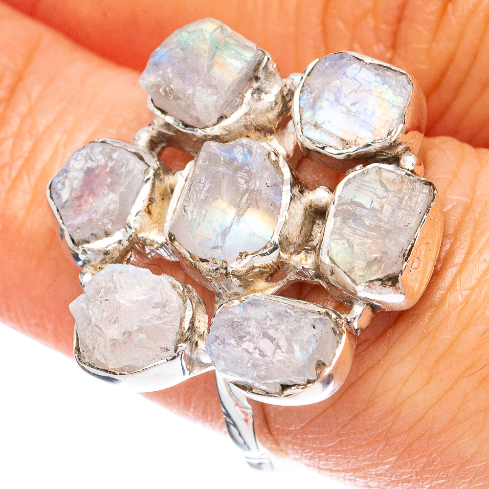 Sterling silver ring with faceted rainbow moonstone cluster, irregular square stones