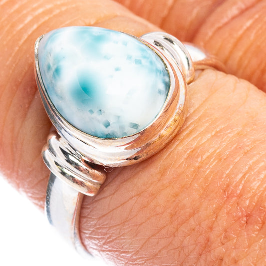 Sterling silver larimar ring with oval blue cabochon and double band detail