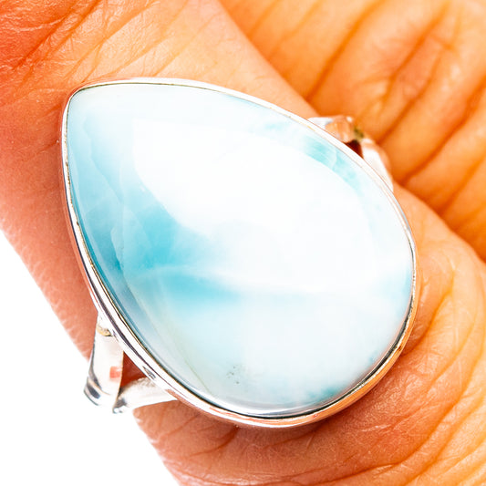 Teardrop larimar gemstone ring in .925 sterling silver, light blue bezel setting