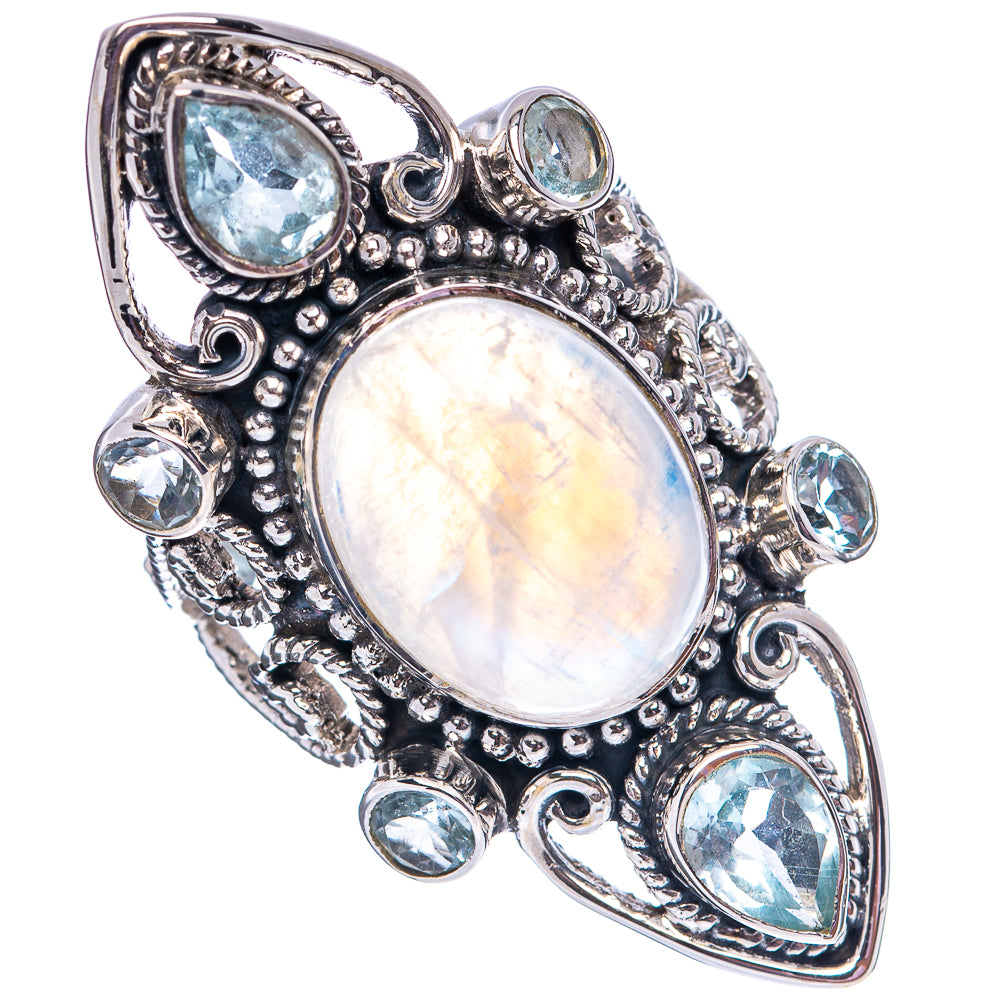 Signature Rainbow Moonstone, Aqaumarine Ring Size 9 (.925 Sterling Silver)