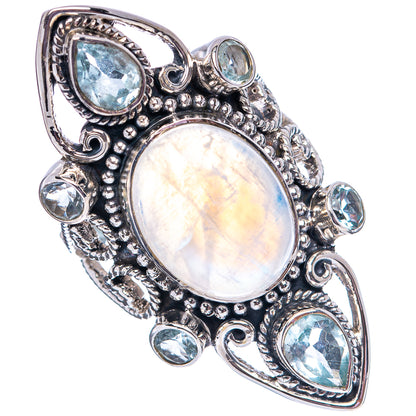 Signature Rainbow Moonstone, Aqaumarine Ring Size 9 (.925 Sterling Silver)