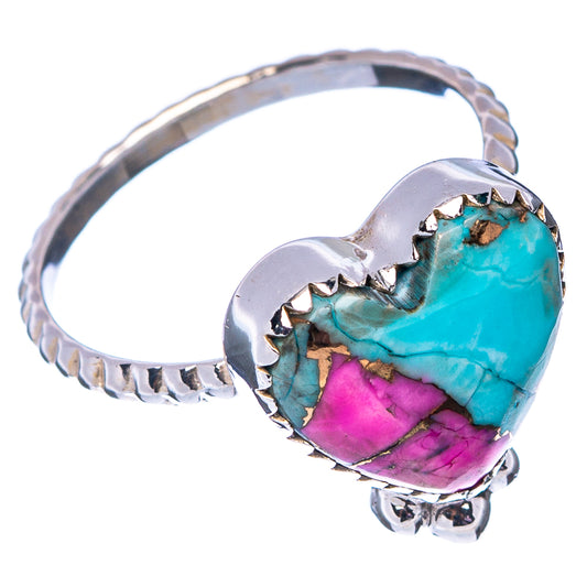 Turquoise and pink heart inlay sterling silver ring, size 8, side view with rope band
