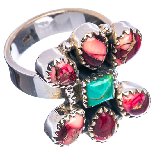 Silver adjustable ring with turquoise square stone and pink-red round inlays, side view