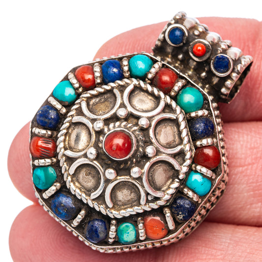 Vintage Native Style Arizona Turquoise, Red Coral, Lapis Lazuli 1 3/8" (925 Sterling Silver) P40022