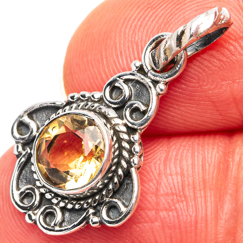 Citrine dainty pendant in .925 sterling silver with round yellow gemstone, ornate filigree