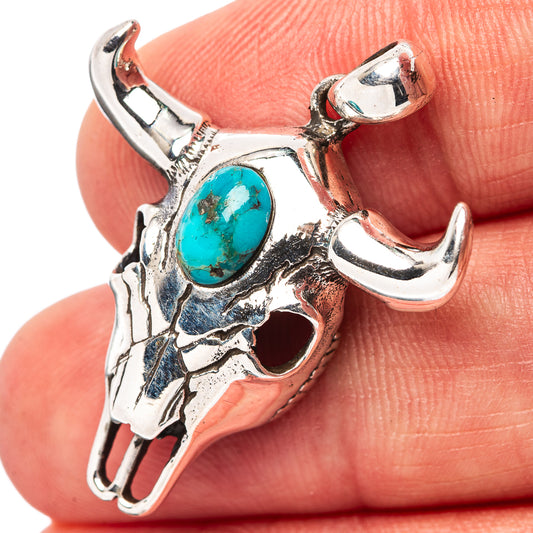 Turquoise cow skull pendant in .925 sterling silver, loop bail, high-polish finish