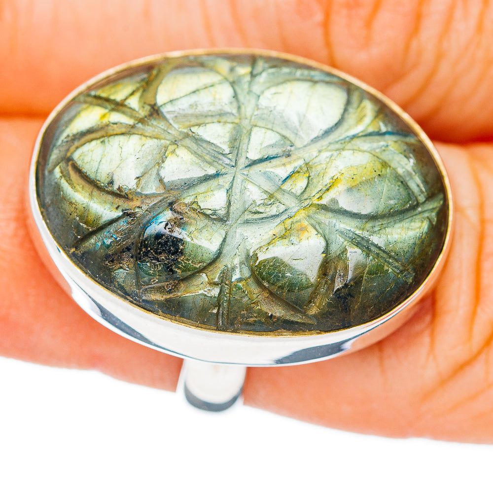 Premium Hand Carved Labradorite Ring Size 5.25 Adjustable (.925 Sterling Silver)
