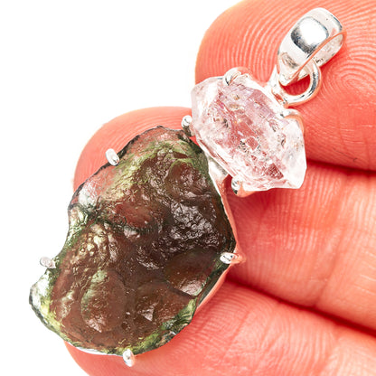 Rare Moldavite, Herkimer Diamond Pendant 1 1/2" (.925 Sterling Silver)