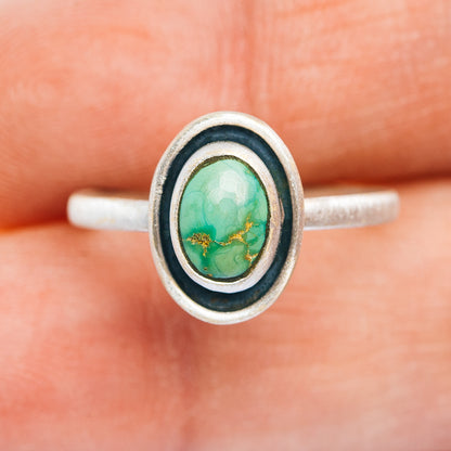 Sterling silver turquoise oval ring on band, double bezel with dark edge detail