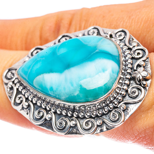 Turquoise Larimar oval sterling silver ring with ornate scrollwork setting