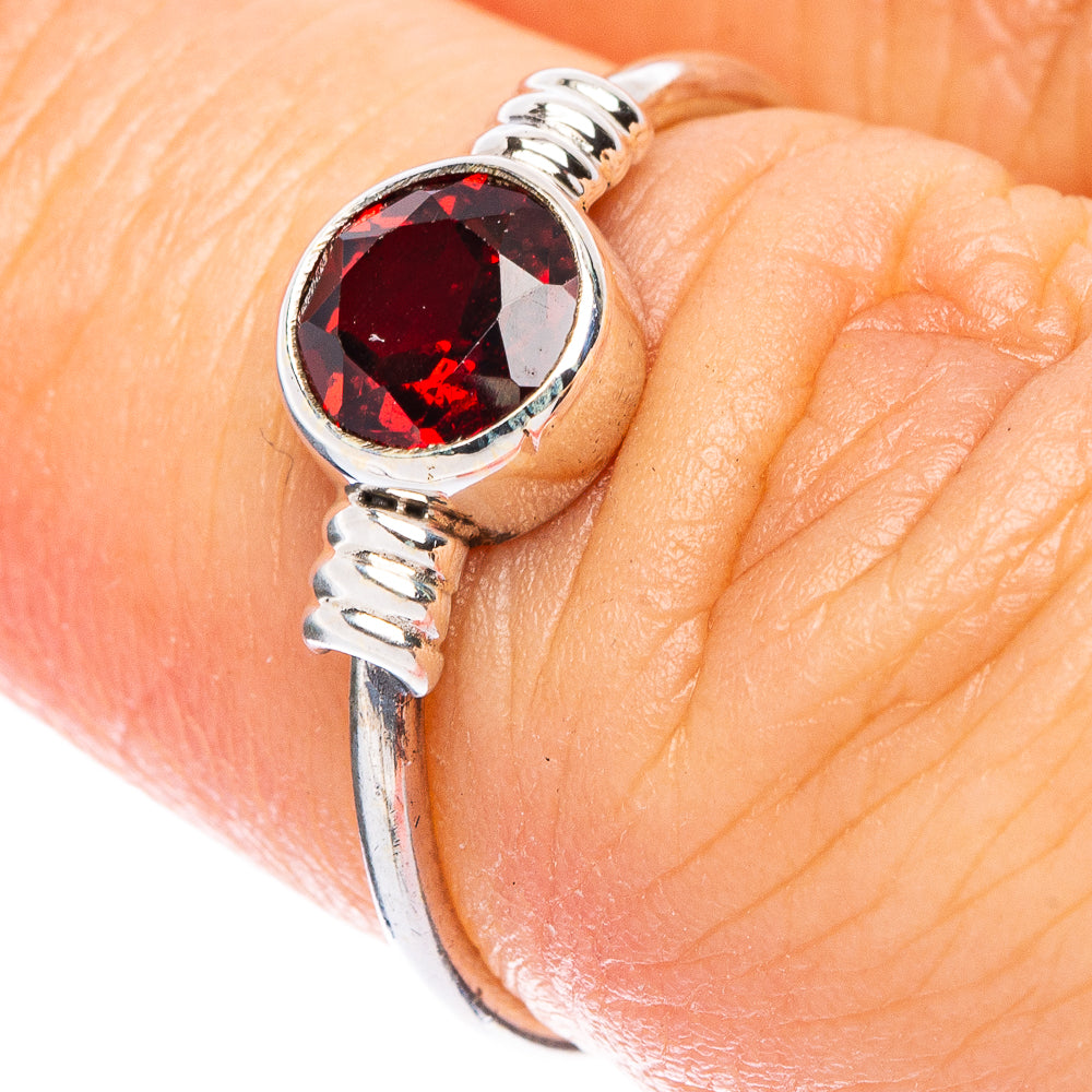 Garnet stone dainty 925 sterling silver ring, round red gemstone with ridged band