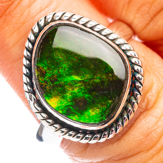 Oval green ammolite ring in .925 sterling silver, size 8, with braided bezel edge