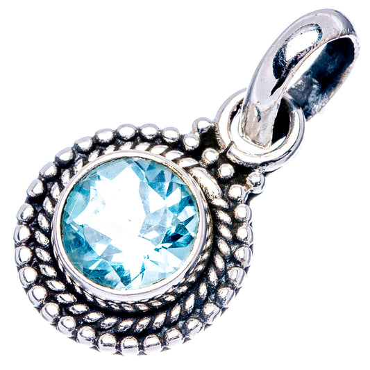 Blue topaz pendant charm in antiqued round halo bezel, with hinged silver bail