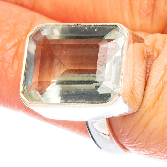 Green amethyst cushion-cut gemstone sterling silver ring in silver bezel setting