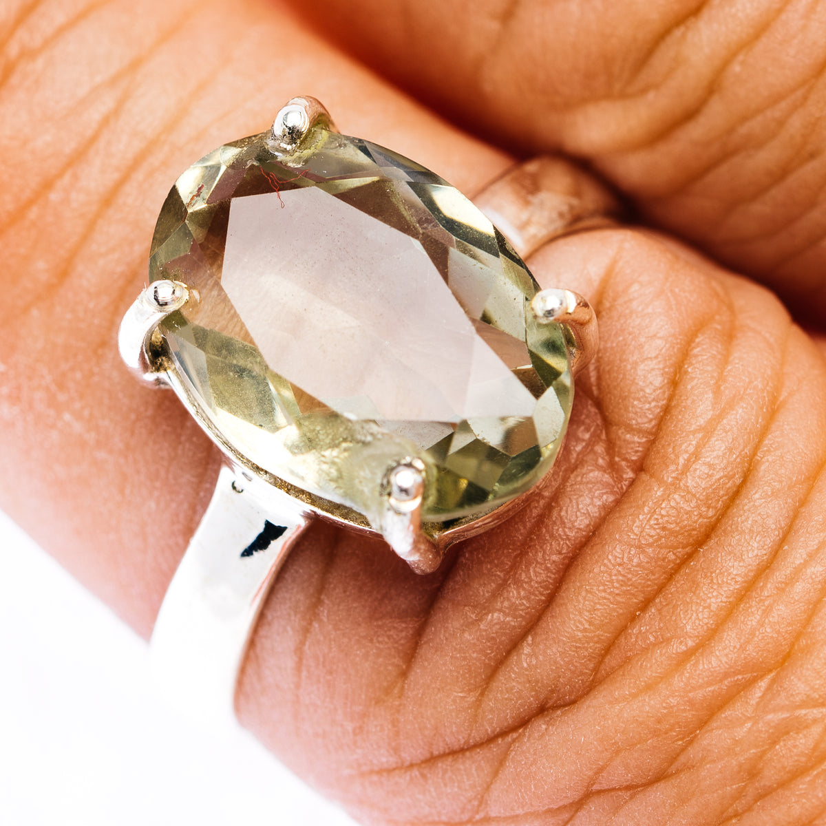 Faceted Prasiolite Ring Size 8.75 (.925 Sterling Silver)