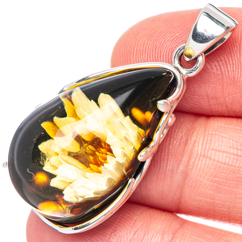 Amber Intaglio Sunflower Pendant 1 5/8" (925 Sterling Silver) P42562
