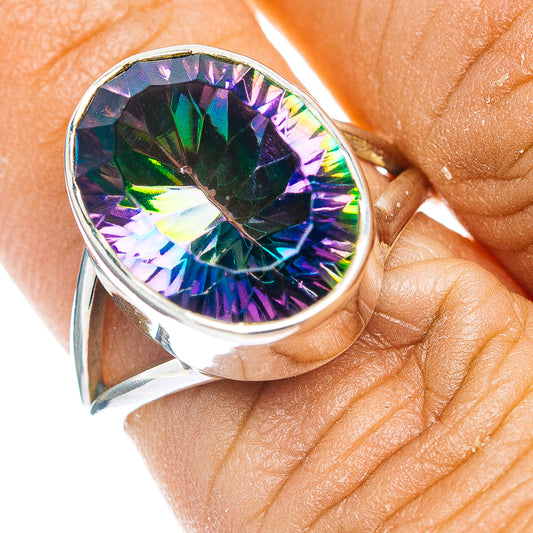 Sterling silver mystic topaz ring with oval faceted iridescent gemstone