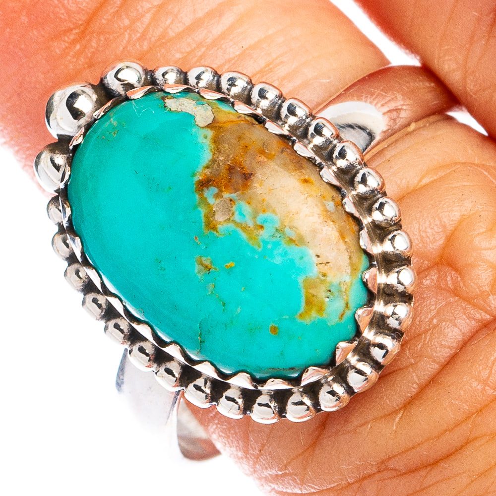Oval turquoise gemstone ring in 925 sterling silver with beaded border