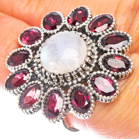 Large Rainbow Moonstone, Garnet Ring Size 5.75 (925 Sterling Silver) R6947