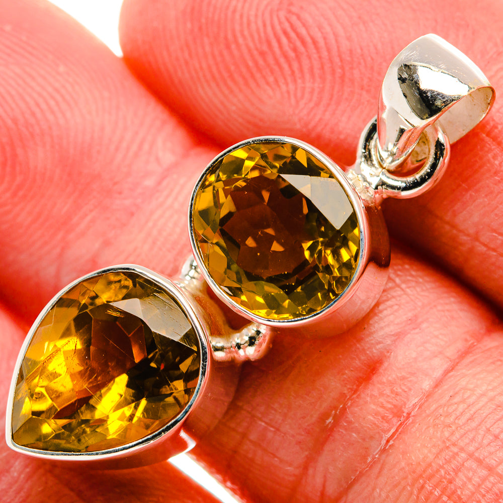 Faceted citrine pendant in 925 sterling silver, two pear-shaped stones in prong setting