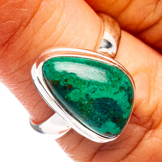 Oval chrysocolla cabochon sterling silver ring, size 6, green gemstone bezel setting