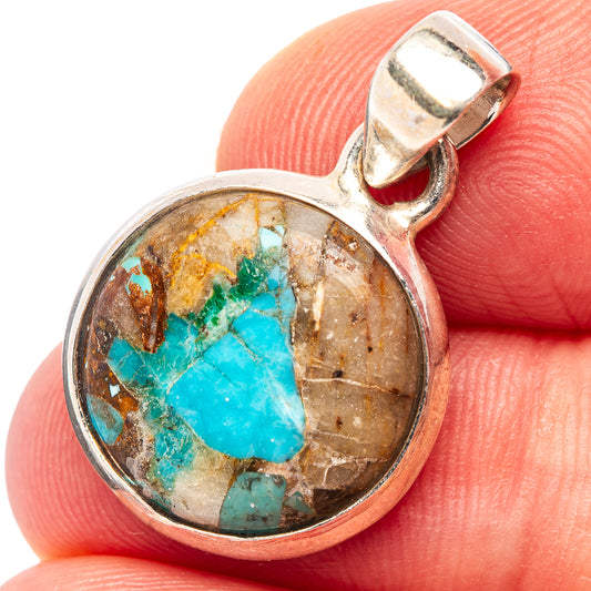 925 sterling silver turquoise matrix pendant, round bezel with blue-green stone