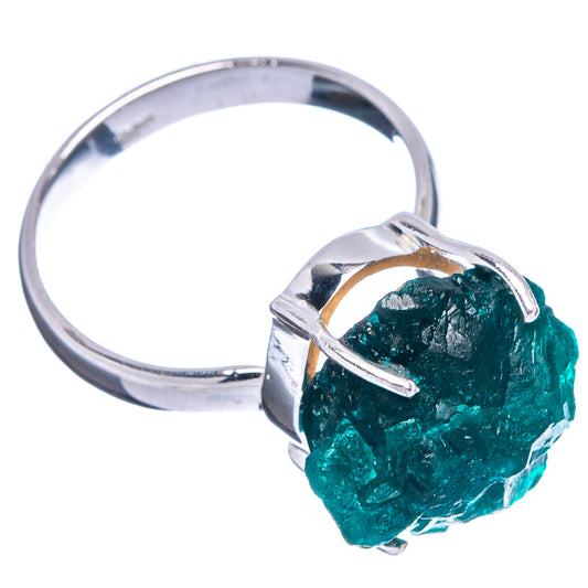 Sterling silver ring with faceted rough green dioptase stone, open shank