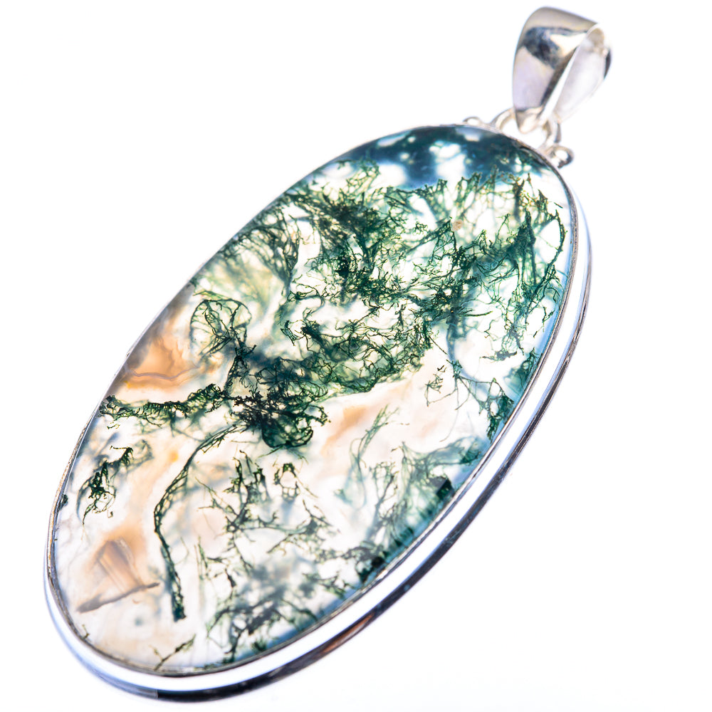 Oval green moss agate pendant in silver setting with bail.