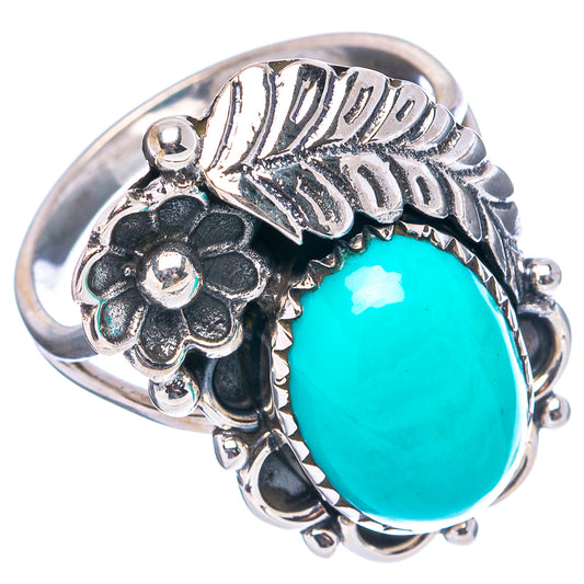Turquoise oval gemstone sterling silver ring, side view with leaf and flower details