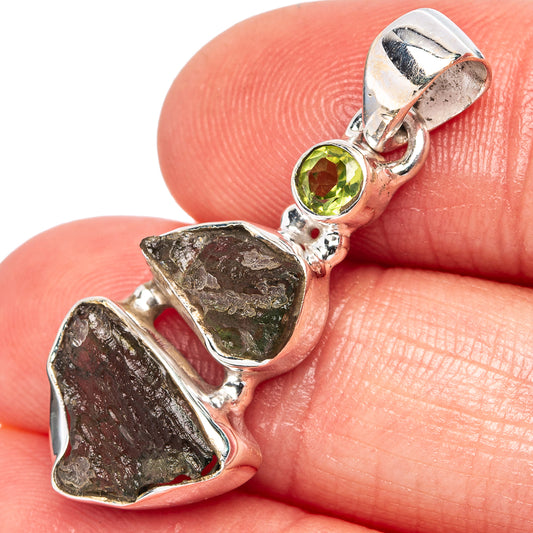 Sterling silver moldavite and peridot pendant with round green gemstone and rough stone drop