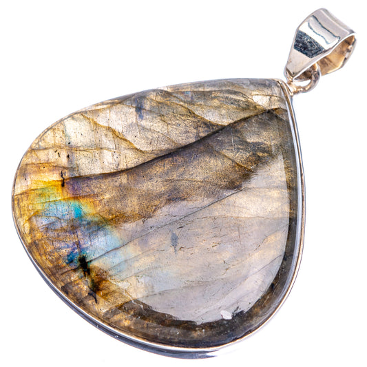Large teardrop labradorite pendant, silver bezel, gold-blue and purple iridescence.