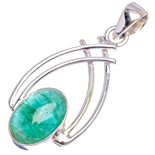 Zambian emerald pendant, oval green stone in .925 sterling silver with open curved frame