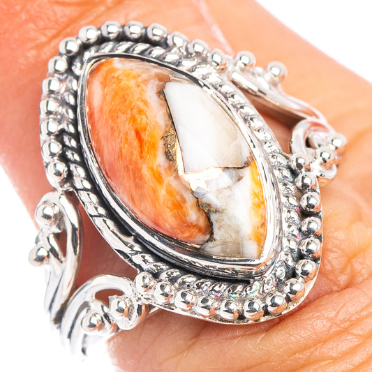 Spiny oyster oval cabochon ring in .925 sterling silver with ornate beaded border