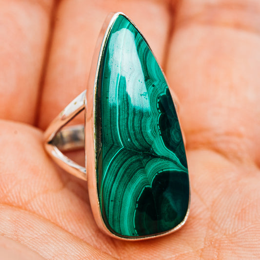 Malachite oval teardrop ring, .925 sterling silver setting and green striated stone