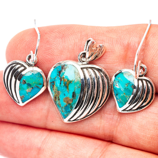 Turquoise heart pendant and matching drop earrings in silver-tone heart frames