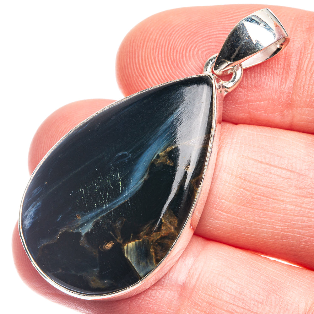 Teardrop pietersite pendant in dark blue and black with sterling silver bail