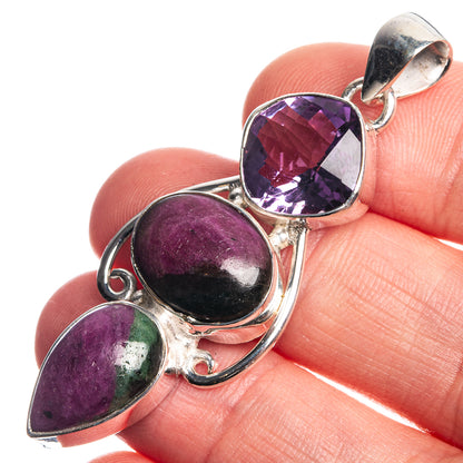 Ruby Zoisite, Amethyst 925 Sterling Silver Pendant 2 1/8"