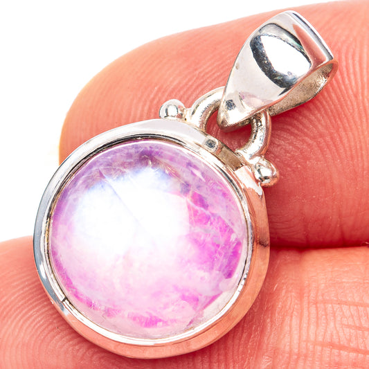 Pink moonstone pendant in .925 sterling silver, round cabochon with silver bail