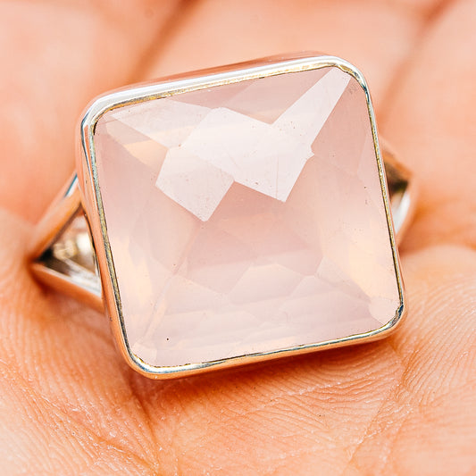 Square faceted rose quartz ring in sterling silver, angled view of band