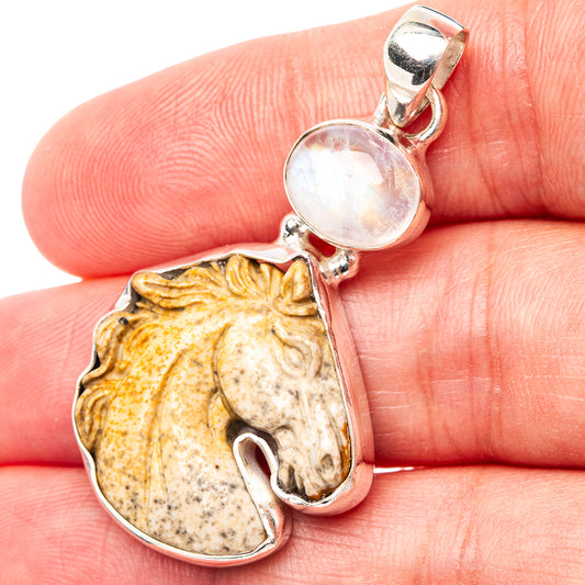 Horse pendant with yellow picture jasper and round opalescent moonstone cabochon, .925 silver bail