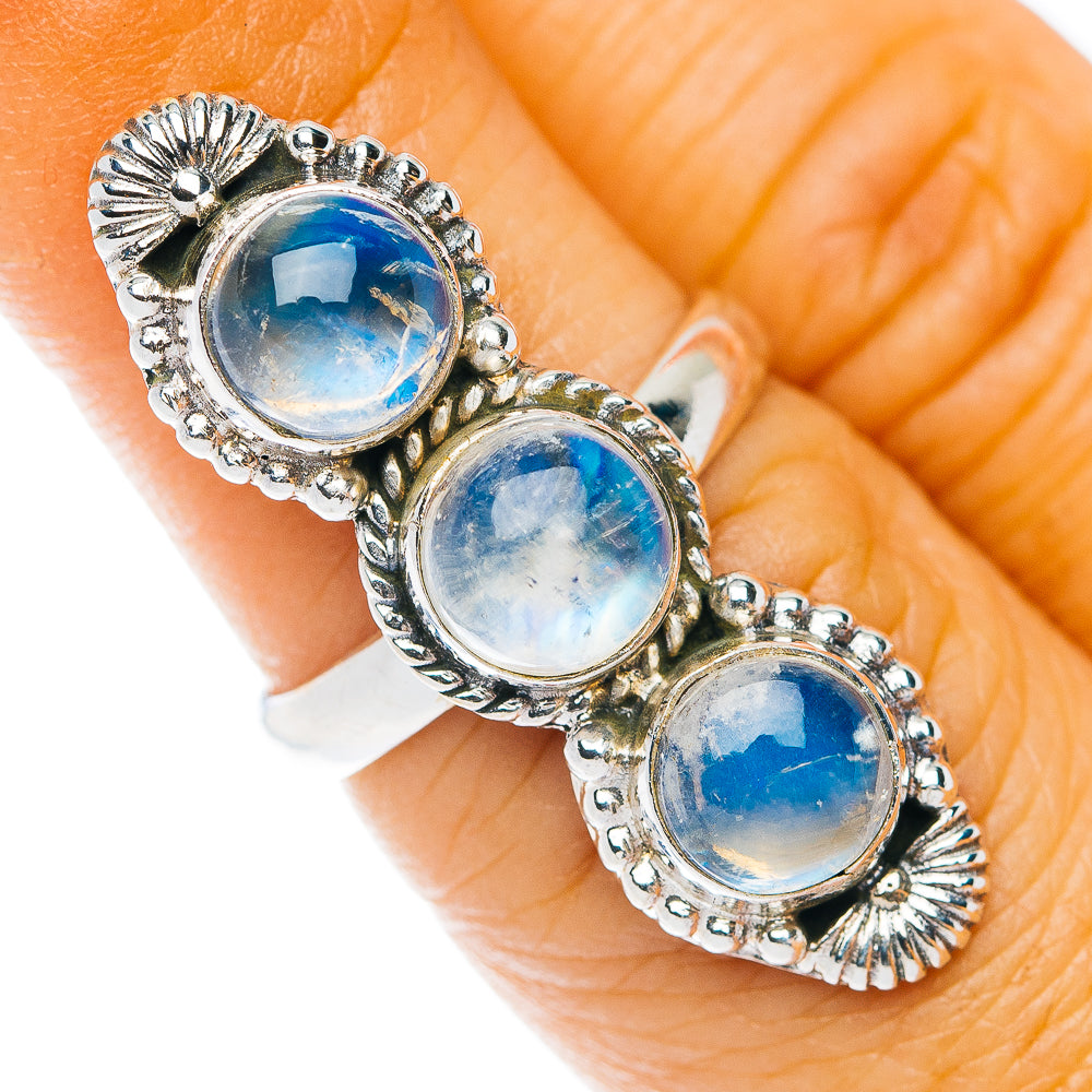 Sterling silver moonstone ring with three blue oval stones and ornate prong settings