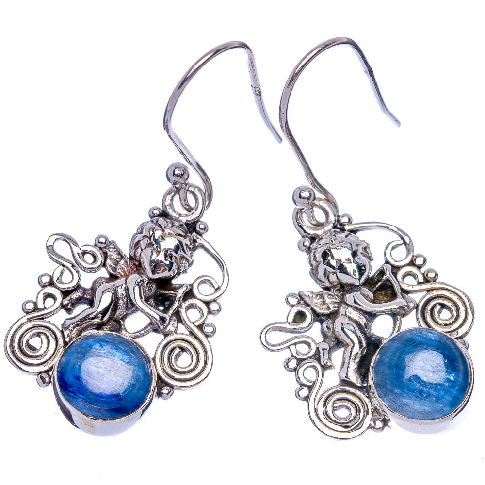 Ornate sterling silver angel drop earrings with blue kyanite stones and hooks