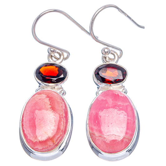 Sterling silver drop earrings with dark garnet and pink oval rhodochrosite cabochons