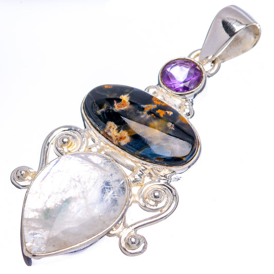 Oval gemstone pendant in .925 sterling silver with amethyst, dark pietersite, and rainbow moonstone