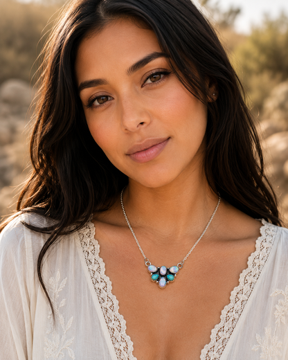 Southwestern Style Aurora Opal, Mohave Turquoise Necklace 17 to 19" (.925 Sterling Silver)