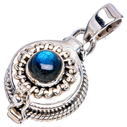Sterling silver labradorite poison pendant with blue round cabochon and ornate bezel