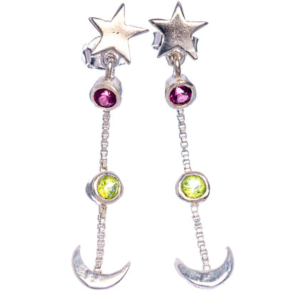 Pink Tourmaline, Peridot Star Moon Earrings 1 5/8" (925 Sterling Silver) E433535