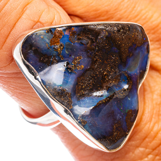 925 sterling silver boulder opal ring with blue triangular stone and gold specks