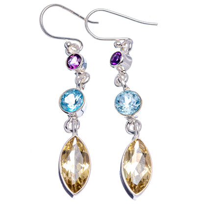 Sterling silver dangle earrings with round purple, blue and yellow teardrop gems